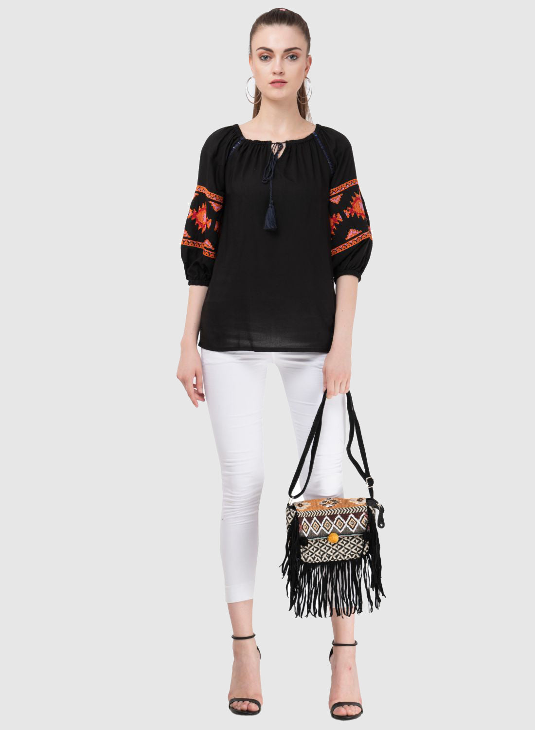 Women Top Black Casual Regular Fit 3/4 Puff Sleeve