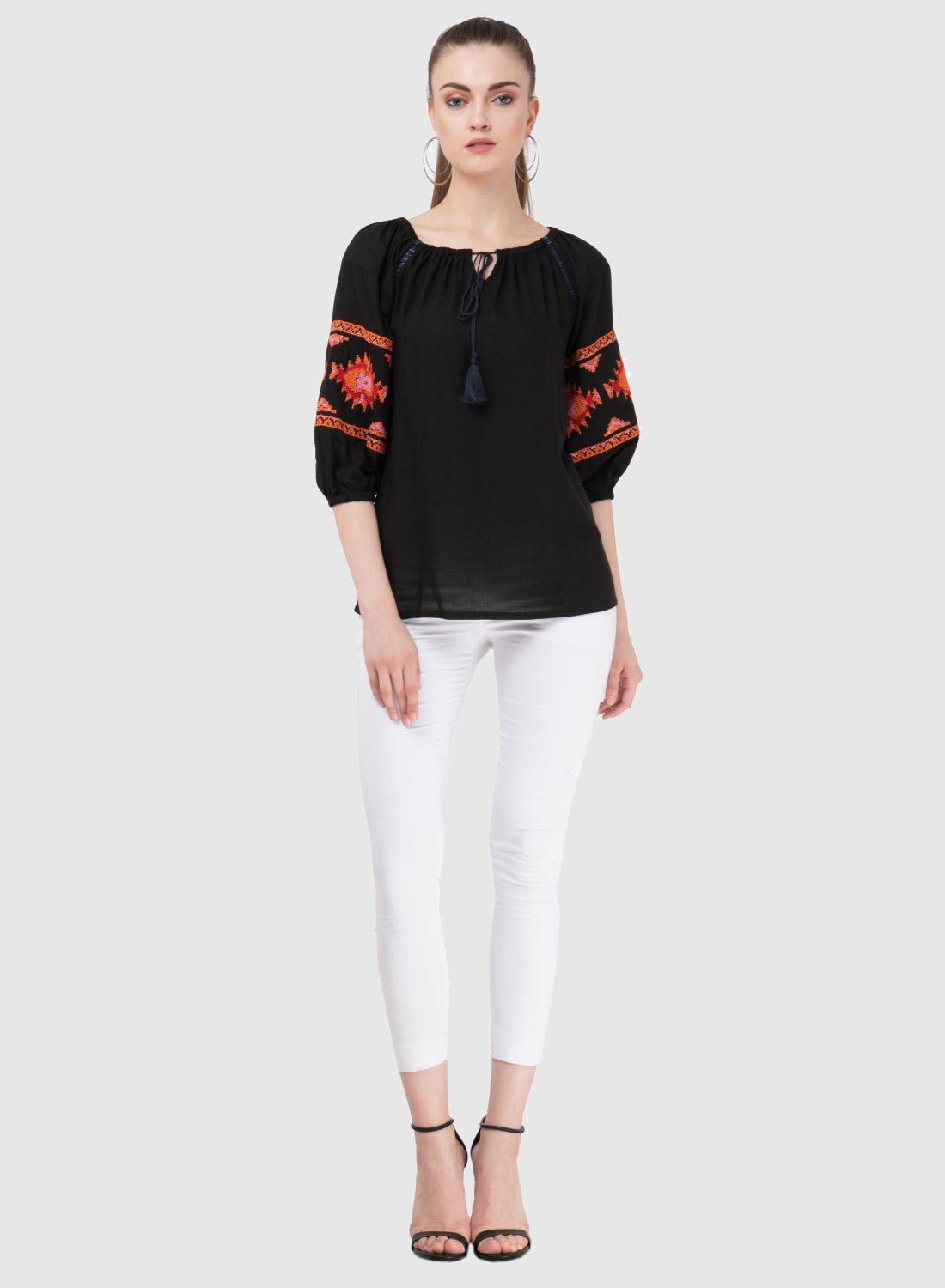 Women Top Black Casual Regular Fit 3/4 Puff Sleeve