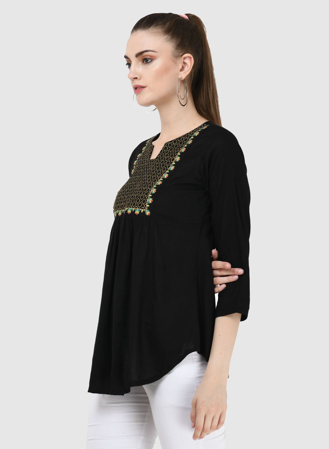 Women Top Black Regular Fit and Flare 3/4 Sleeve Embroidery Work