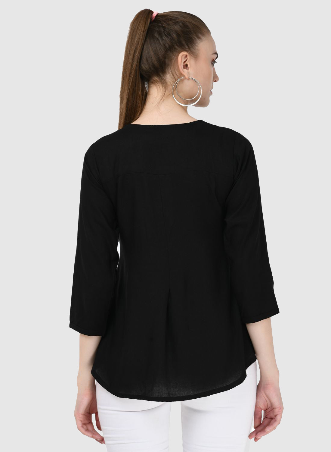 Women Top Black Regular Fit and Flare 3/4 Sleeve Embroidery Work