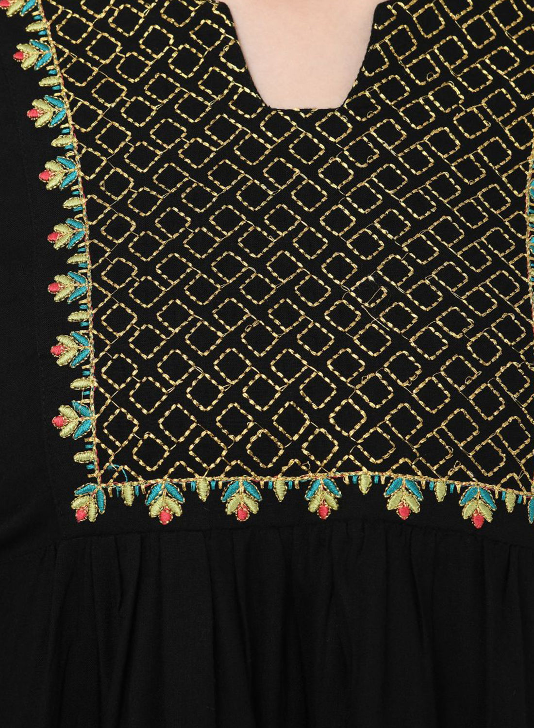 Women Top Black Regular Fit and Flare 3/4 Sleeve Embroidery Work