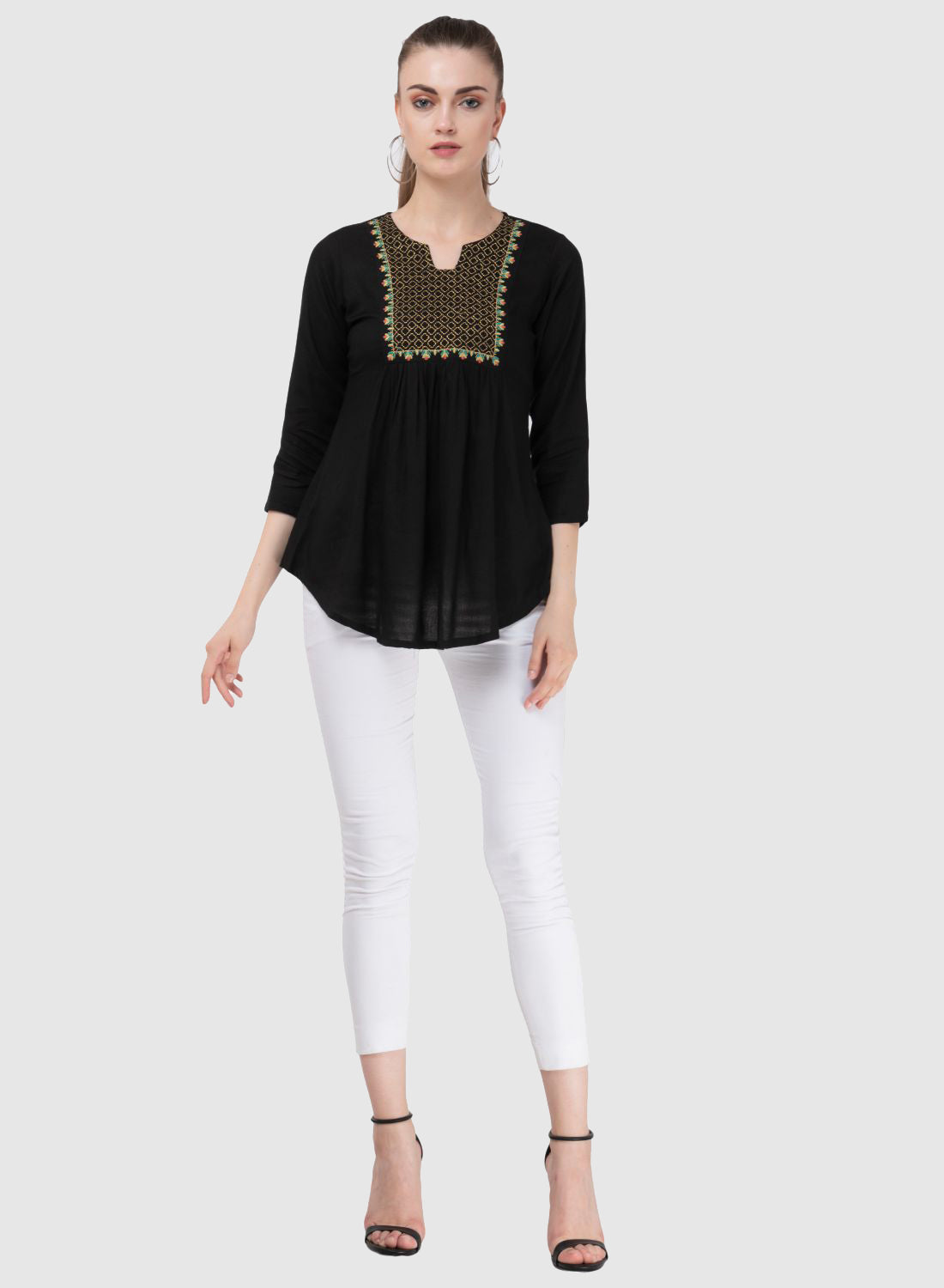 Women Top Black Regular Fit and Flare 3/4 Sleeve Embroidery Work