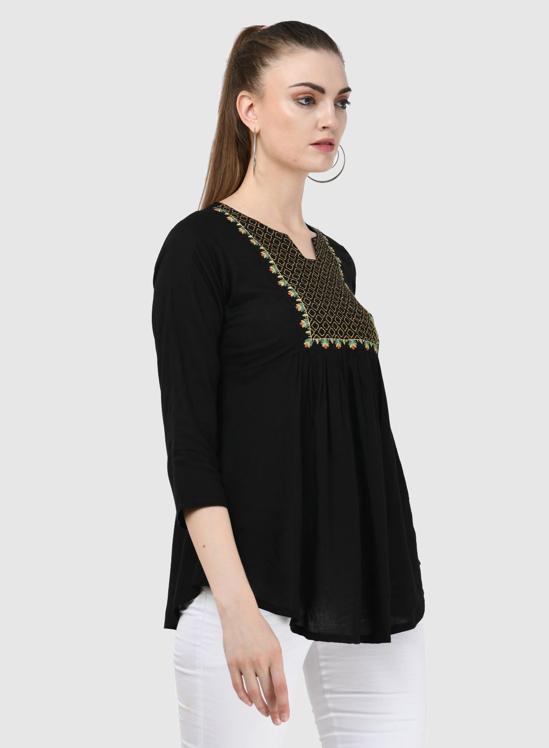 Women Top Black Regular Fit and Flare 3/4 Sleeve Embroidery Work