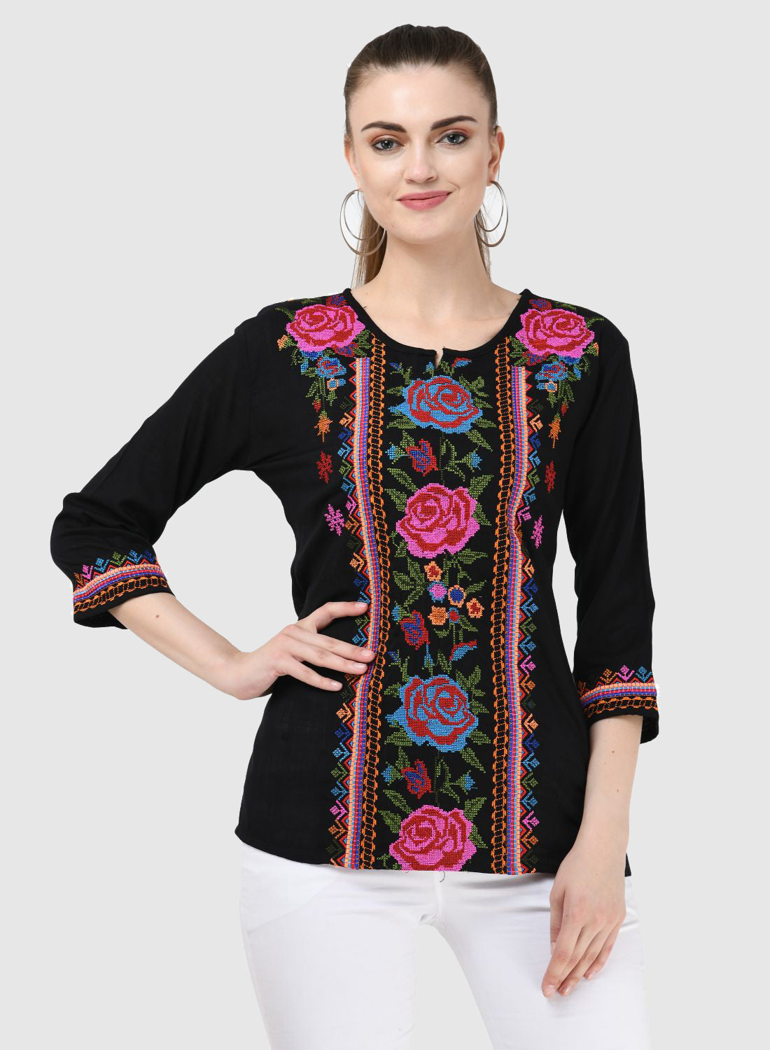 Women Top Black Party Wear Regular Fit 3/4 Sleeve Embroidery Work