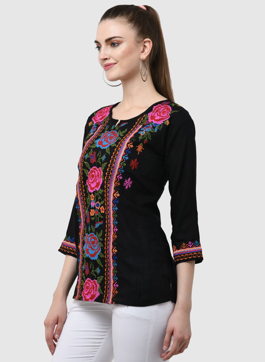 Women Top Black Party Wear Regular Fit 3/4 Sleeve Embroidery Work