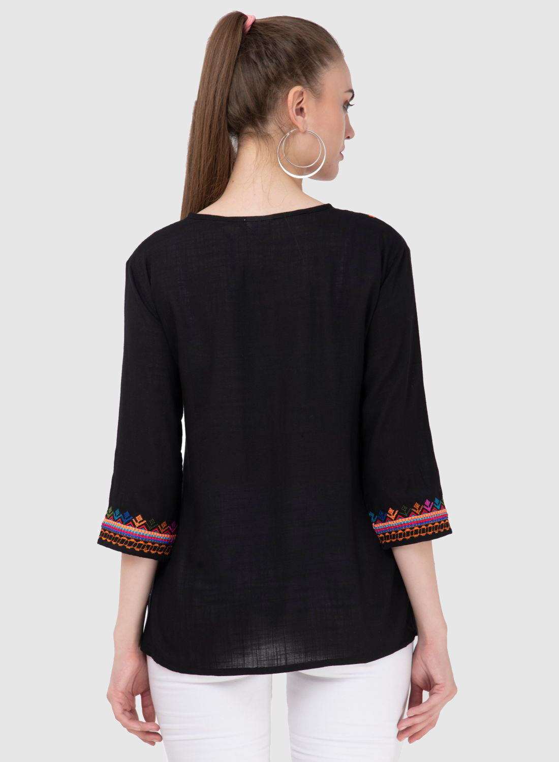 Women Top Black Party Wear Regular Fit 3/4 Sleeve Embroidery Work