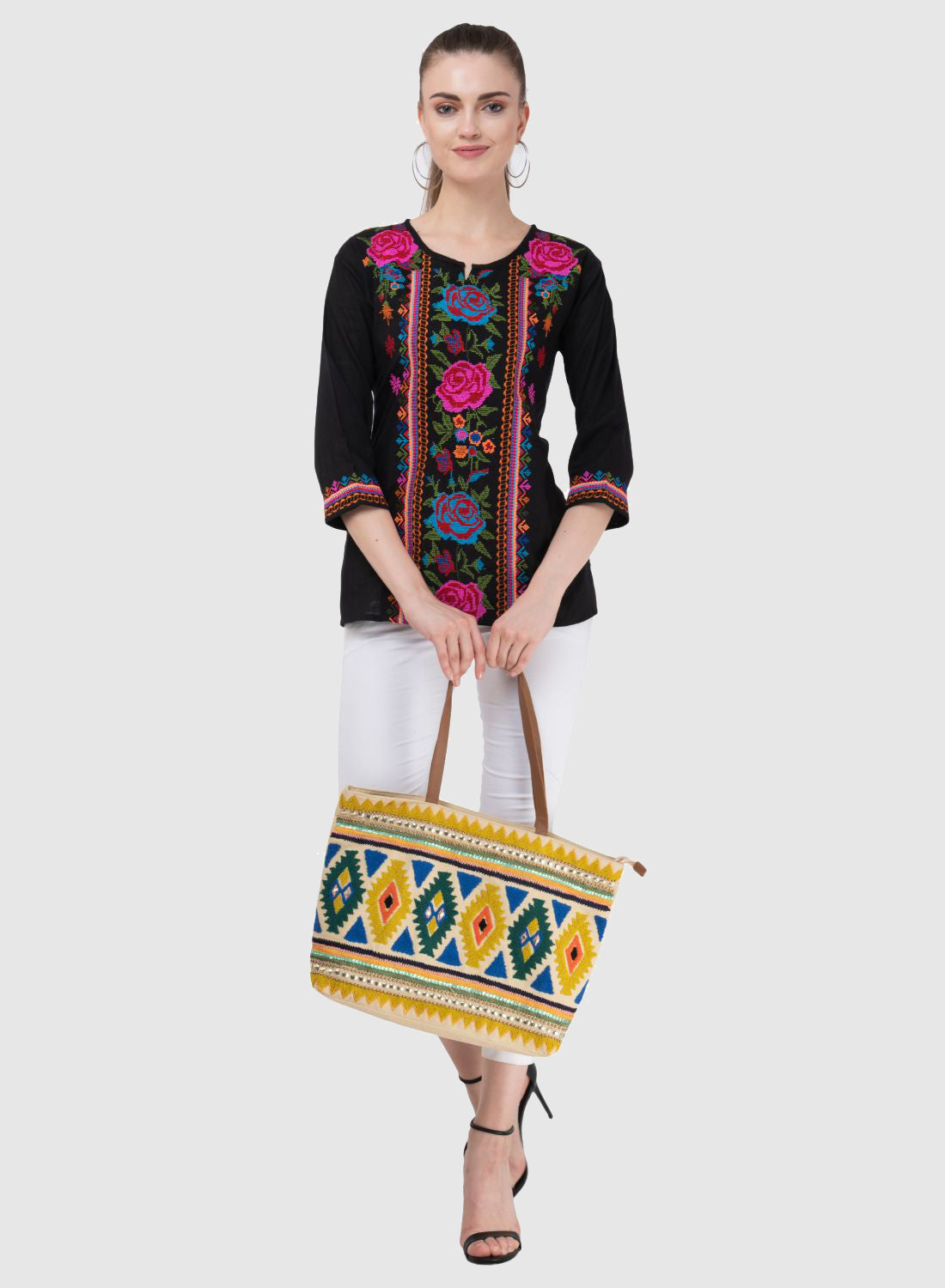 Women Top Black Party Wear Regular Fit 3/4 Sleeve Embroidery Work