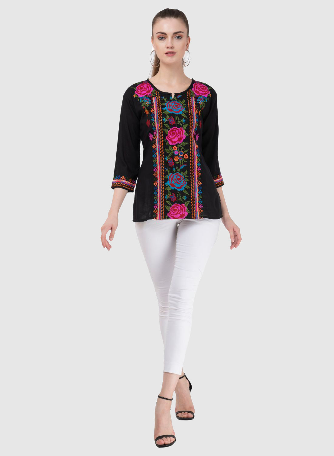 Women Top Black Party Wear Regular Fit 3/4 Sleeve Embroidery Work