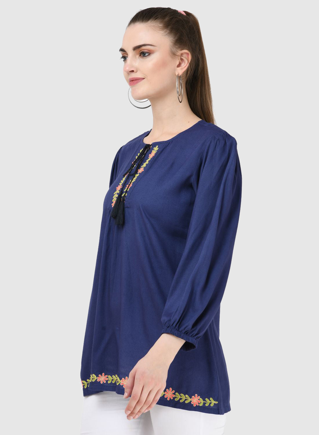 Women Top Blue Regular Fit Puff 3/4 Sleeve Embroidery Work