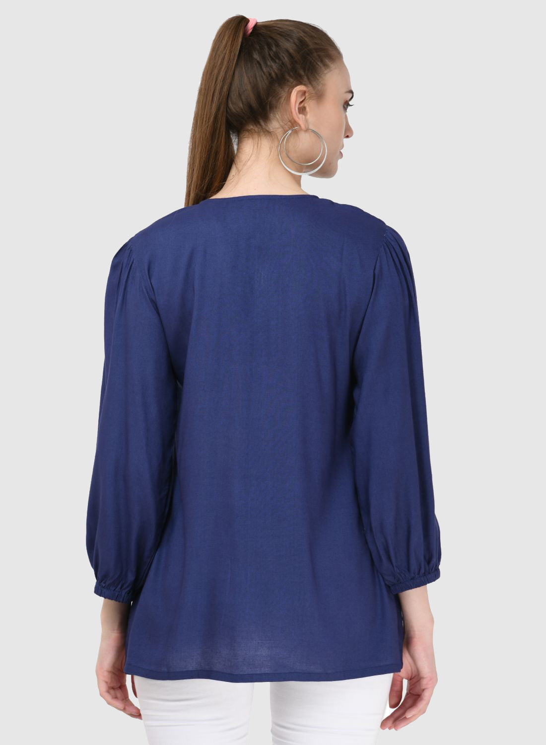 Women Top Blue Regular Fit Puff 3/4 Sleeve Embroidery Work