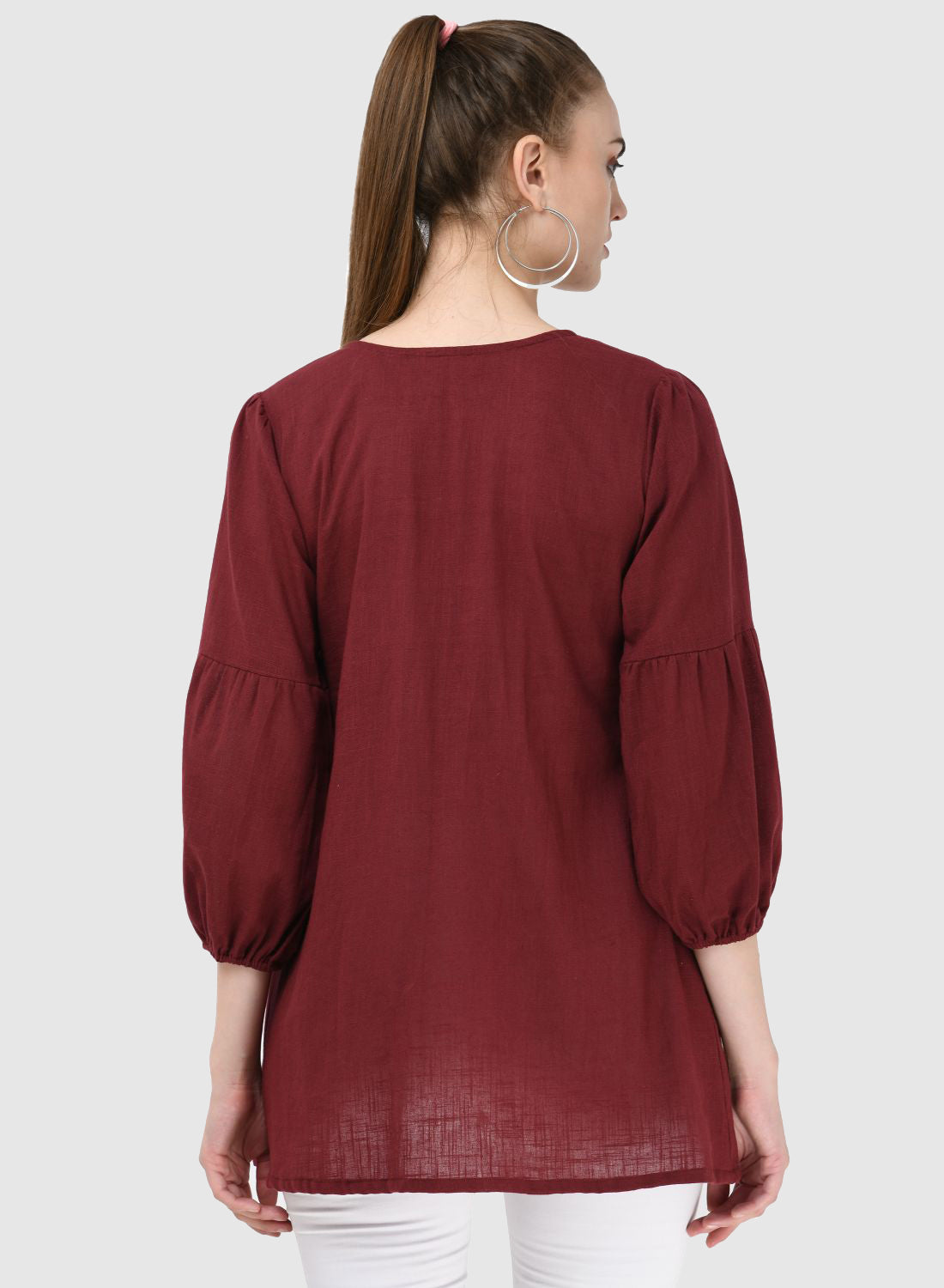 Women Top Maroon Regular Fit and Flare 3/4 Puff Sleeve Embroidery Work