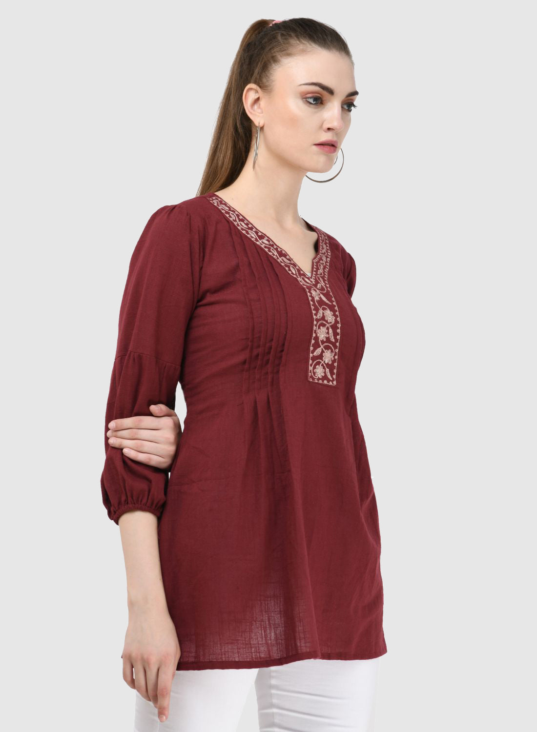Women Top Maroon Regular Fit and Flare 3/4 Puff Sleeve Embroidery Work