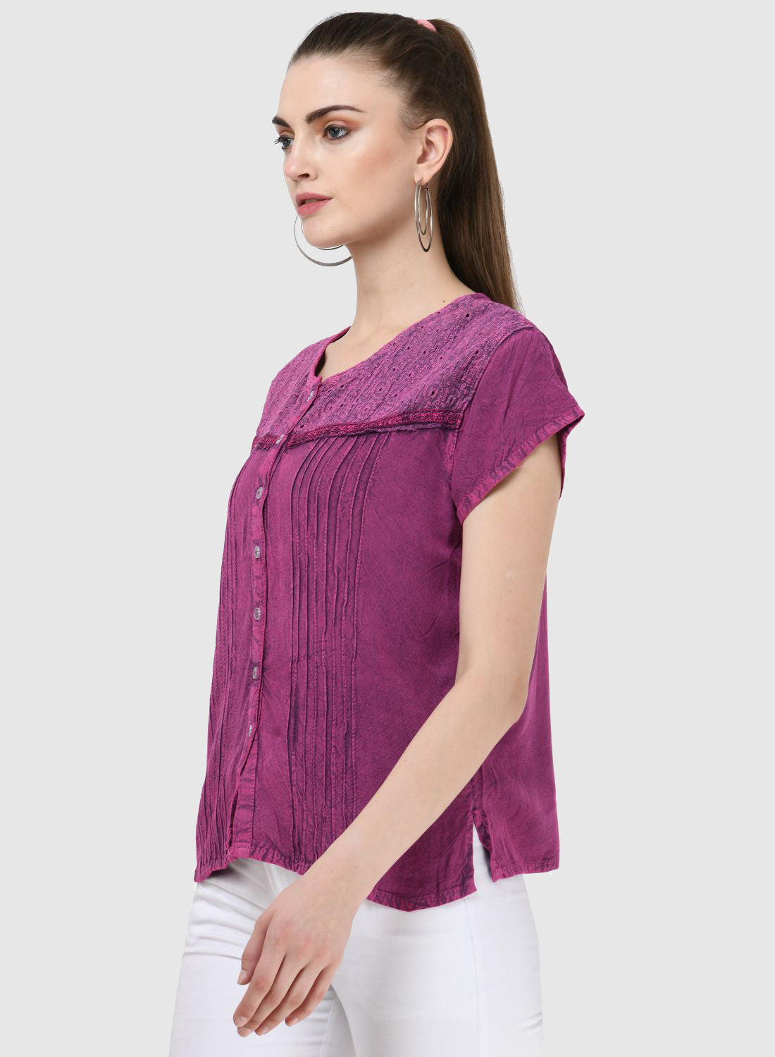 Women Top Pink Regular Fit Cap Sleeve Embroidery Work