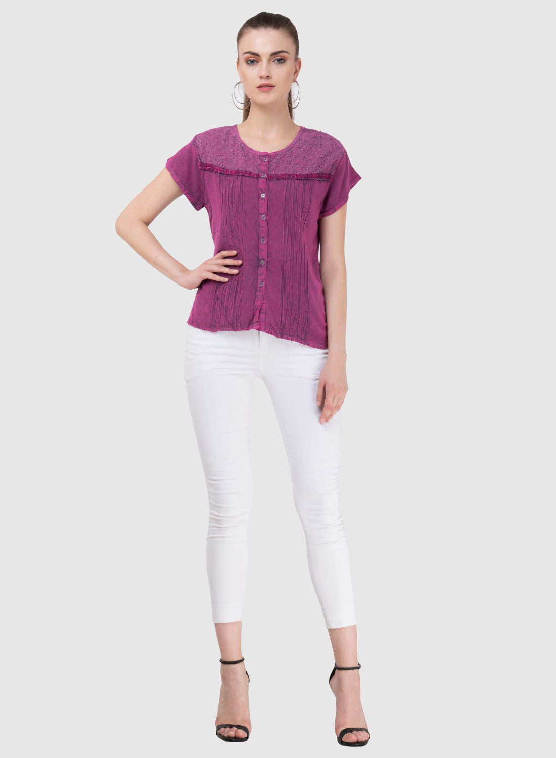 Women Top Pink Regular Fit Cap Sleeve Embroidery Work