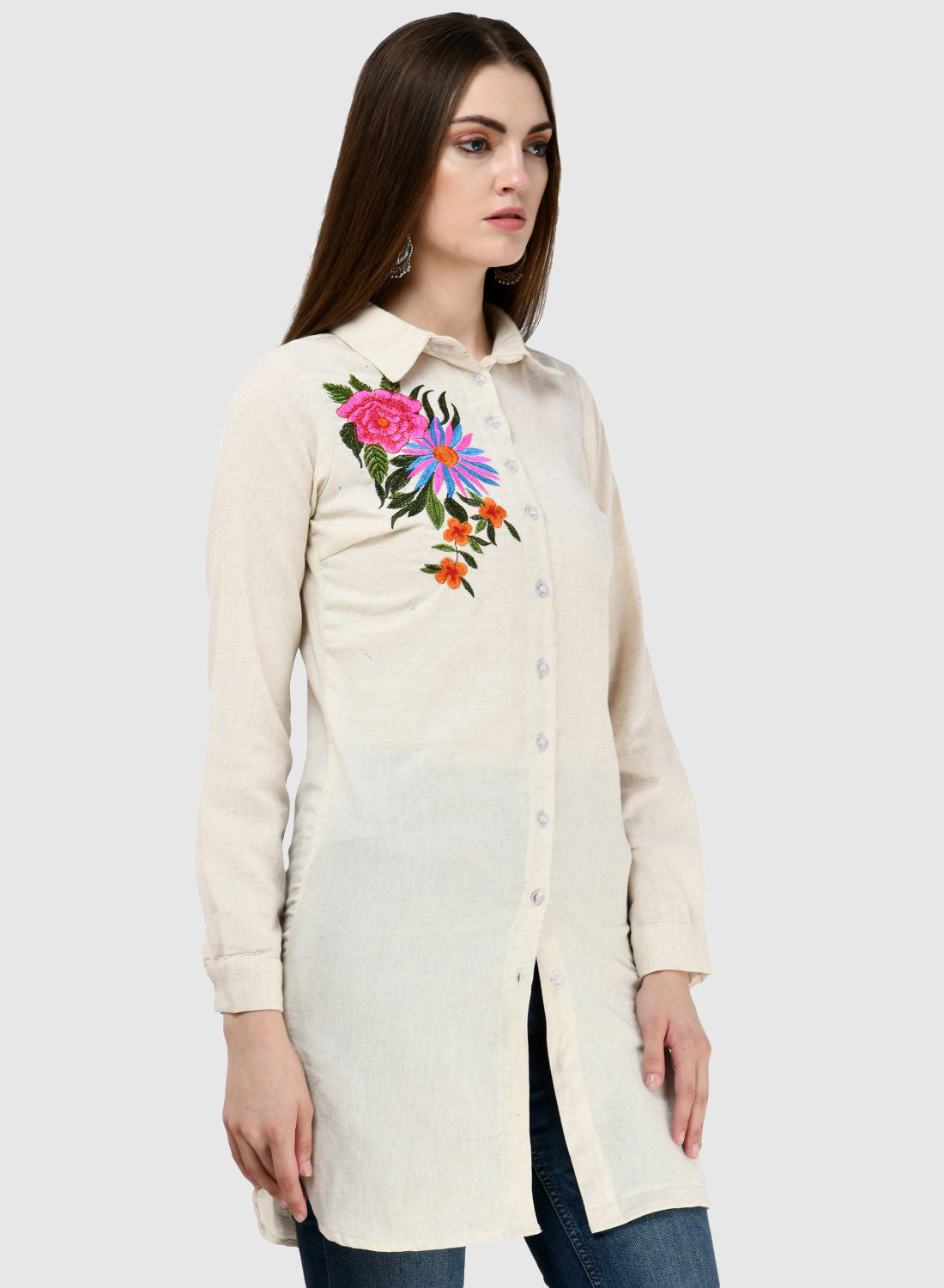 Women Top White Tunic Regular Fit Full Sleeve Embroidery Work