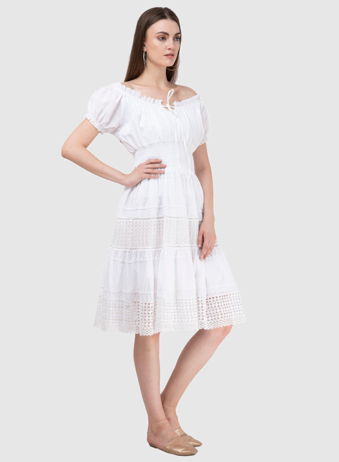 Women Dress White Fit and Flare Cotton Midi