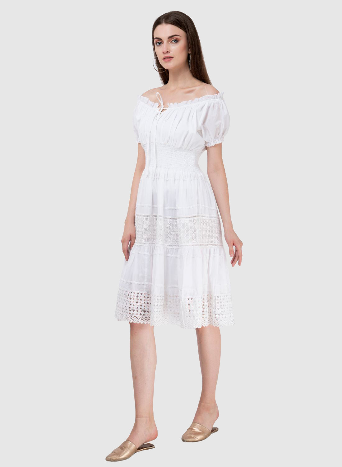 Women Dress White Fit and Flare Cotton Midi