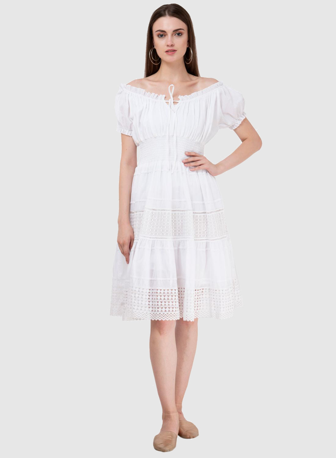 Women Dress White Fit and Flare Cotton Midi