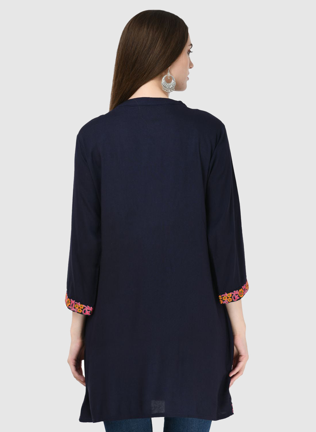 Women Top Blue Casual Regular Fit 3/4 Sleeve Embroidery Work