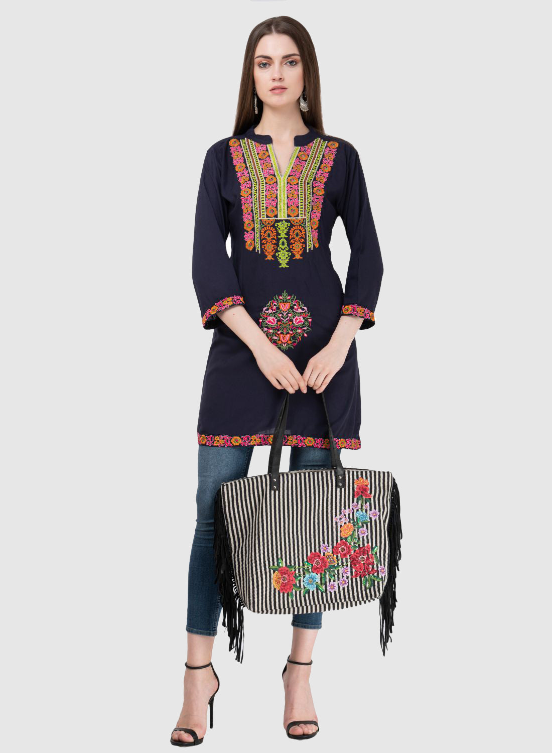 Women Top Blue Casual Regular Fit 3/4 Sleeve Embroidery Work