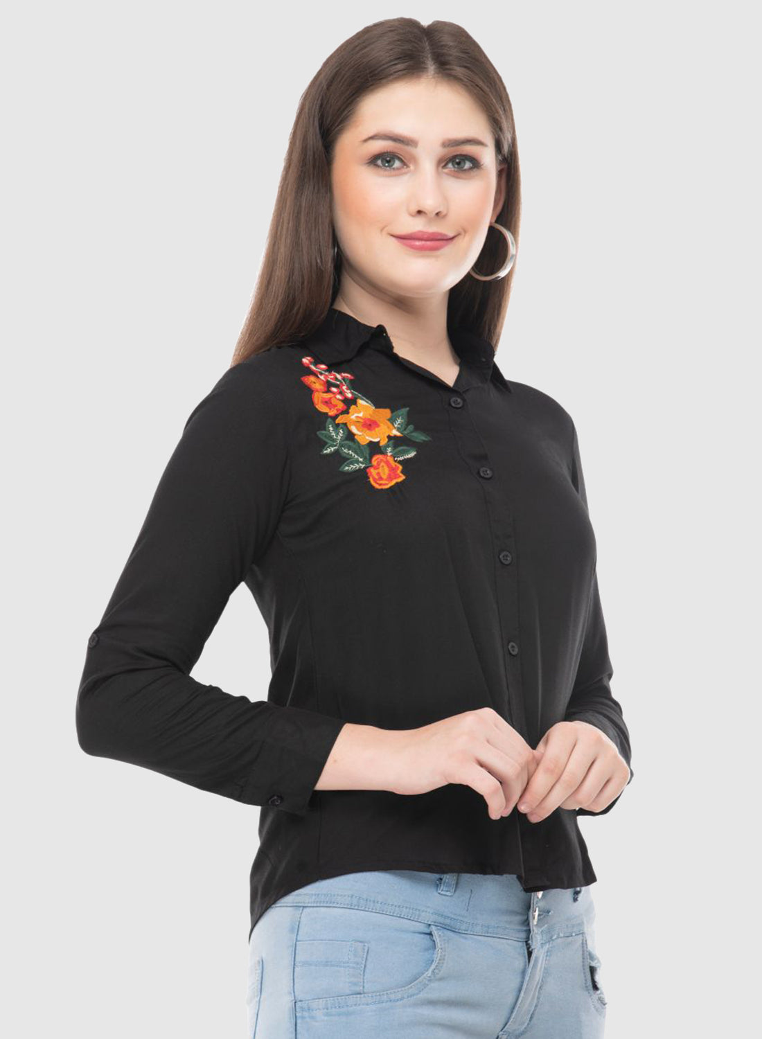 Women Top Brown Casual Regular Fit Full Sleeve Embroidery Work