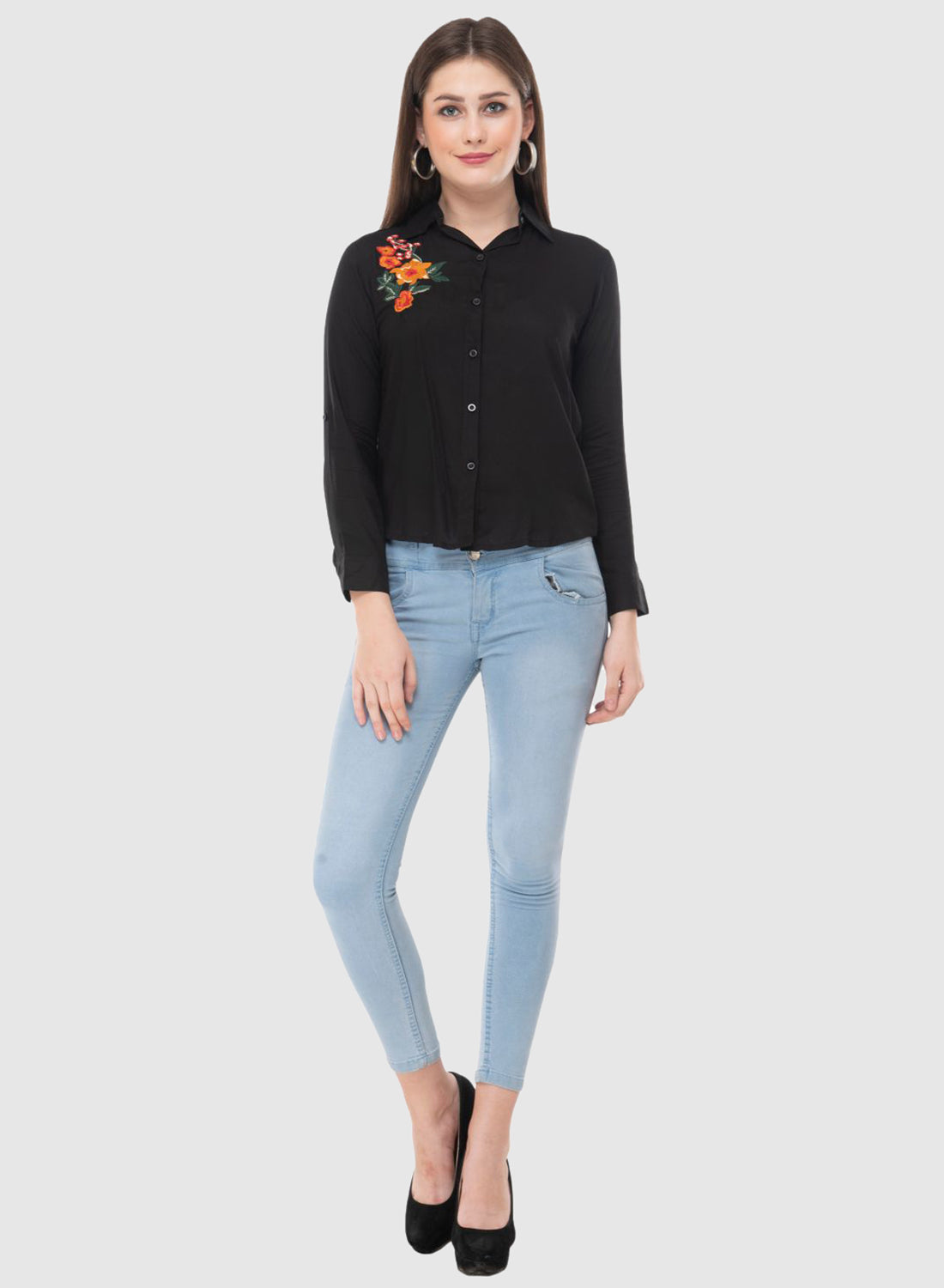 Women Top Brown Casual Regular Fit Full Sleeve Embroidery Work