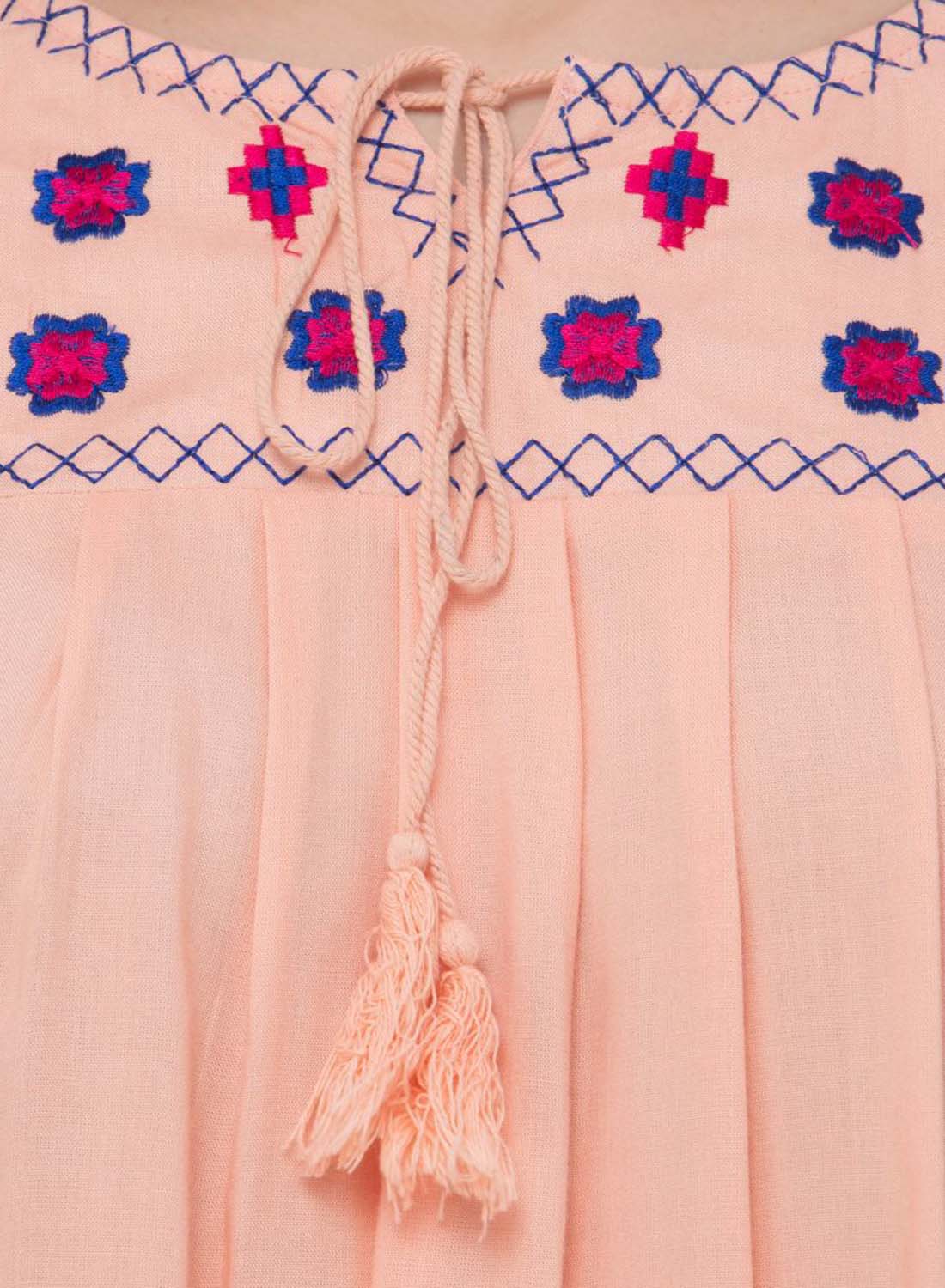 Women Top Pink Casual Regular Fit Bell Sleeve Embroidery Work