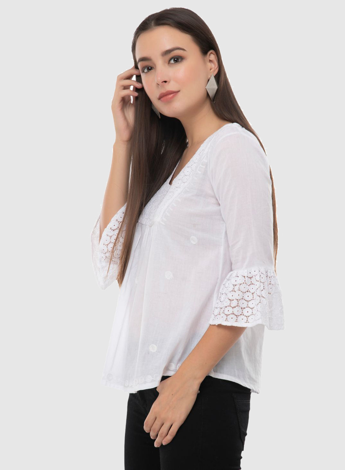 Women Top White Casual Regular Fit 3/4 Sleeve Embroidery Work