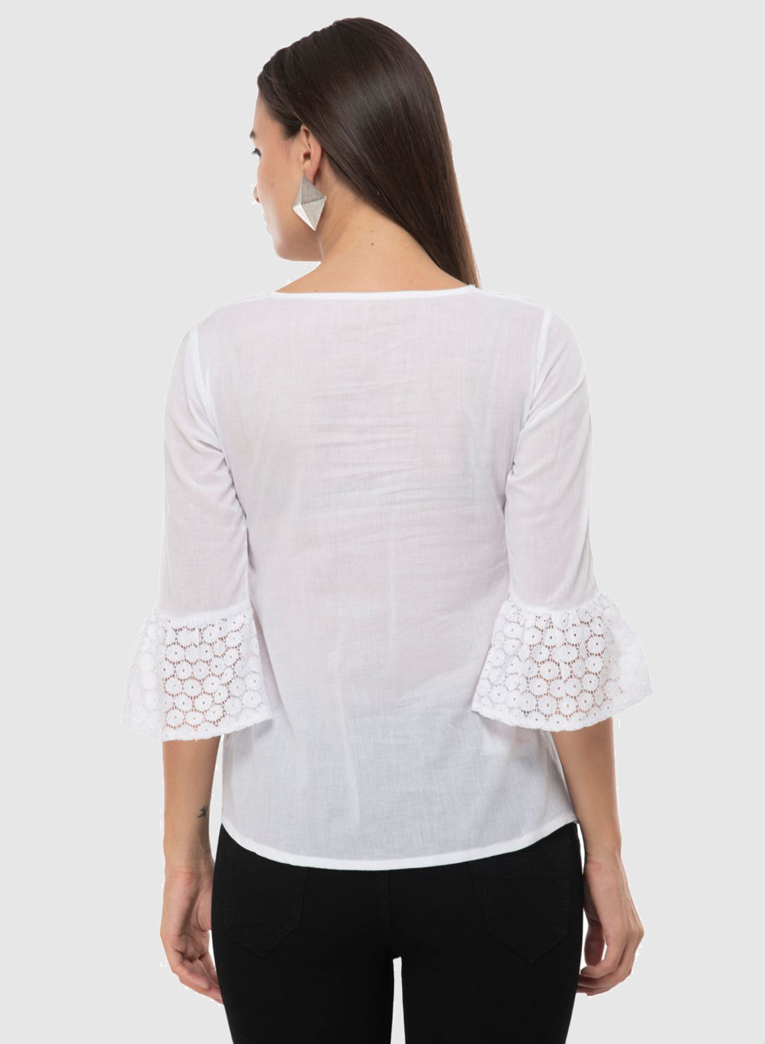 Women Top White Casual Regular Fit 3/4 Sleeve Embroidery Work