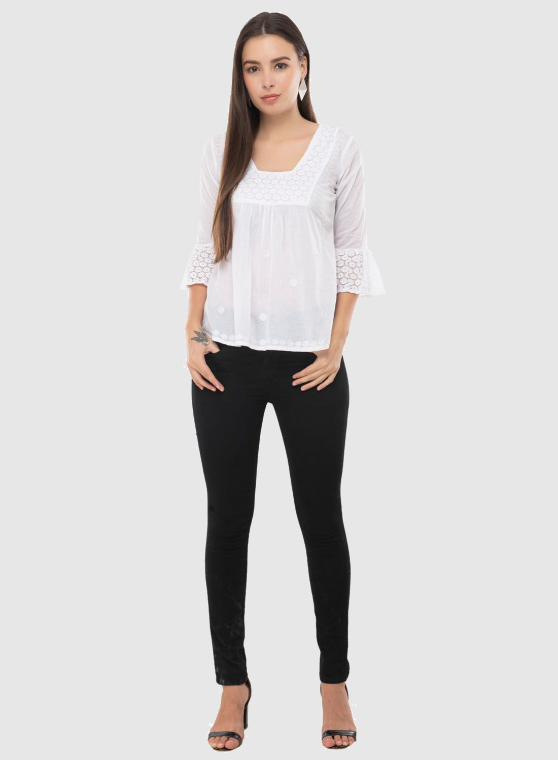 Women Top White Casual Regular Fit 3/4 Sleeve Embroidery Work