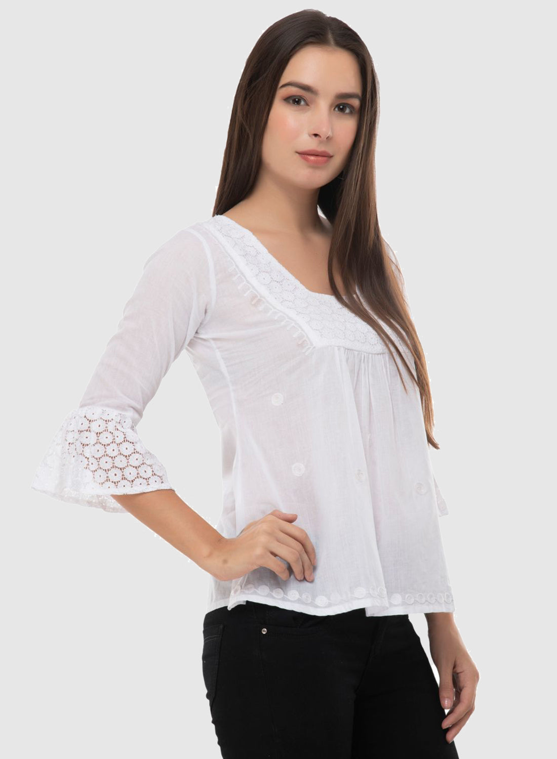 Women Top White Casual Regular Fit 3/4 Sleeve Embroidery Work