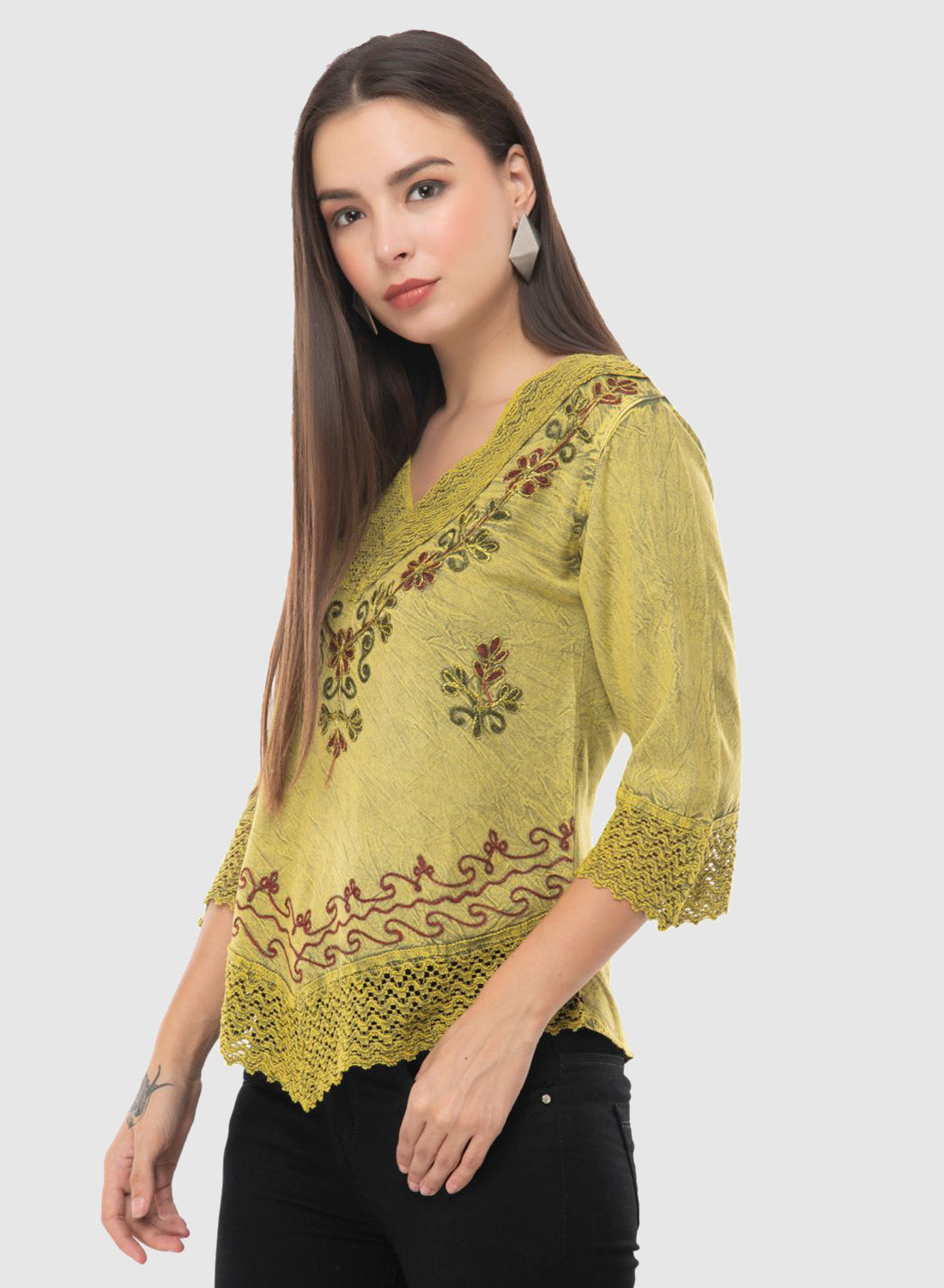 Women Top Yellow Green Casual Regular Fit 3/4 Sleeve Embroidery Work