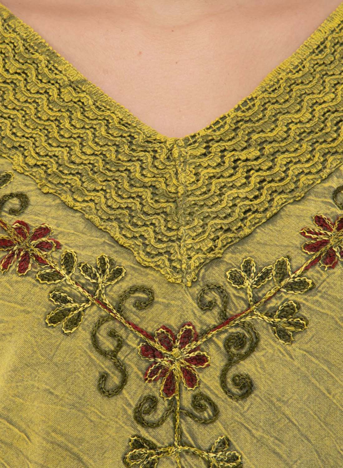 Women Top Yellow Green Casual Regular Fit 3/4 Sleeve Embroidery Work