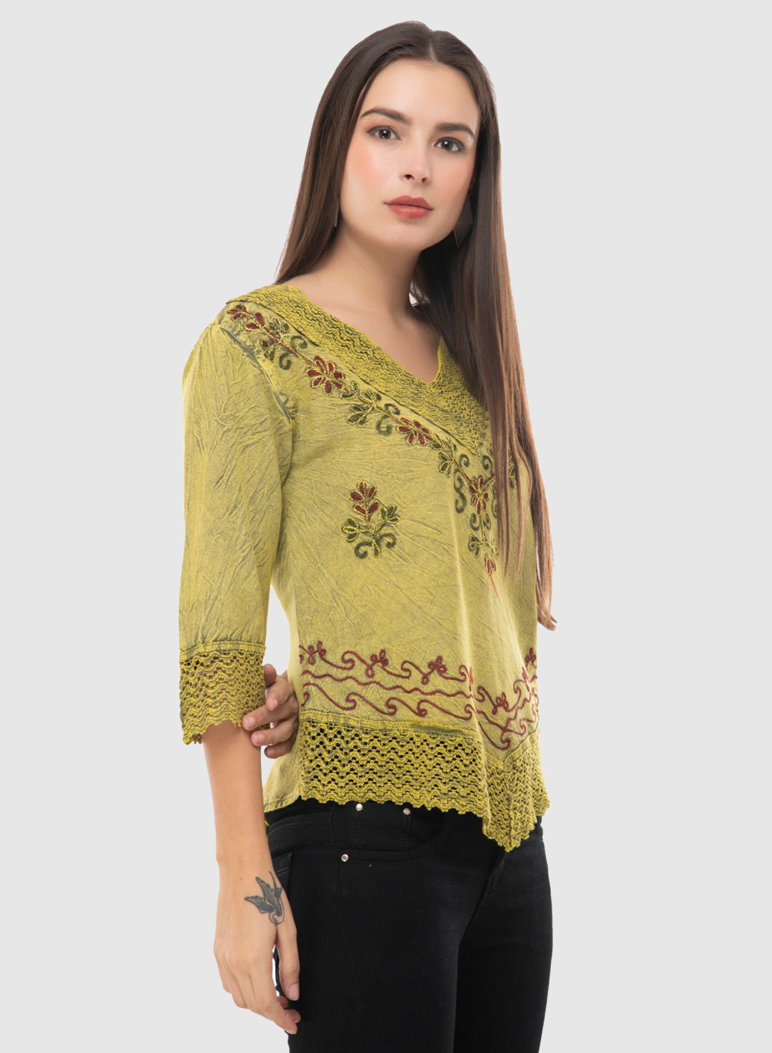 Women Top Yellow Green Casual Regular Fit 3/4 Sleeve Embroidery Work