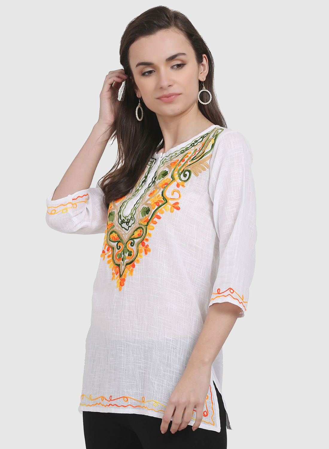 Women Top White Casual Regular Fit 3/4 Sleeve Embroidery Work
