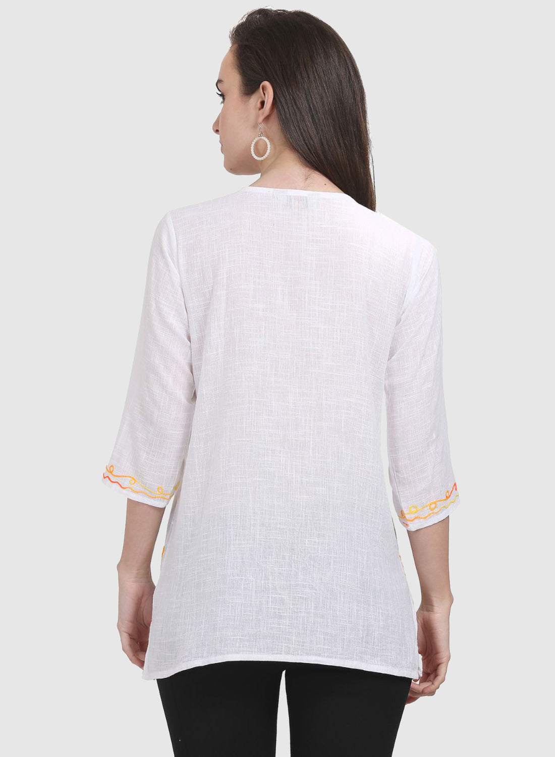Women Top White Casual Regular Fit 3/4 Sleeve Embroidery Work