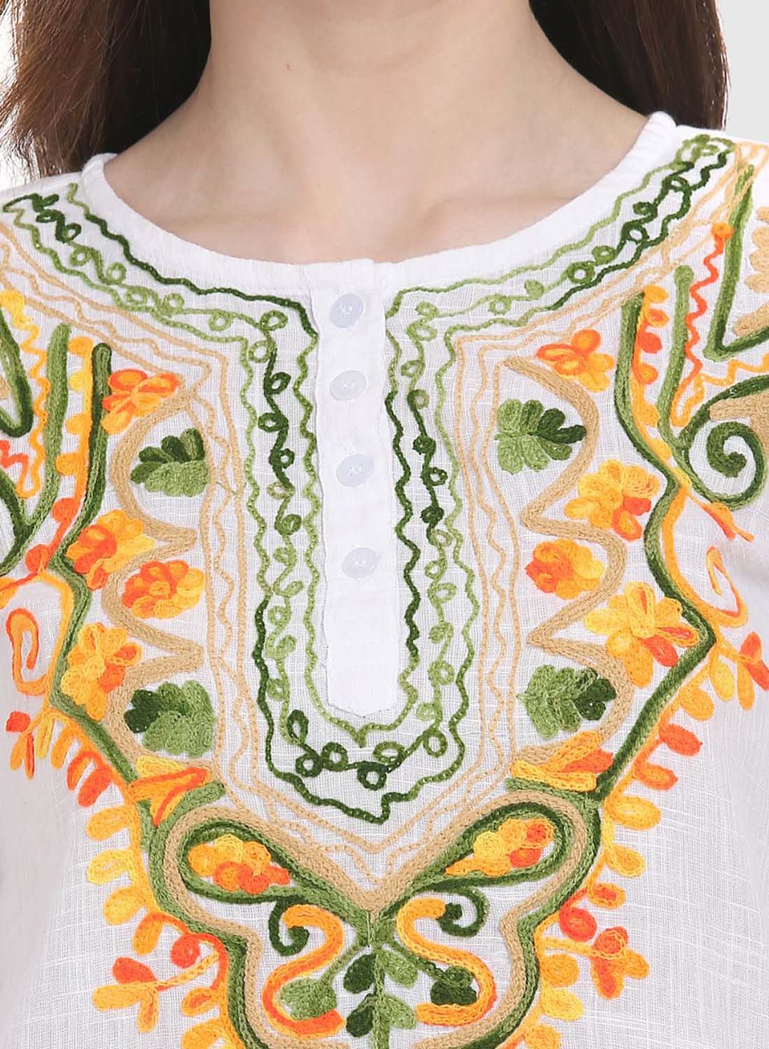 Women Top White Casual Regular Fit 3/4 Sleeve Embroidery Work