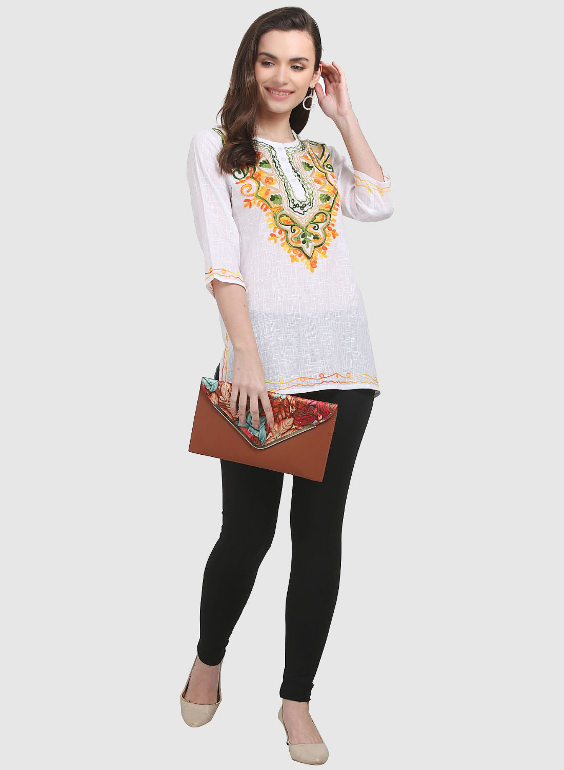 Women Top White Casual Regular Fit 3/4 Sleeve Embroidery Work