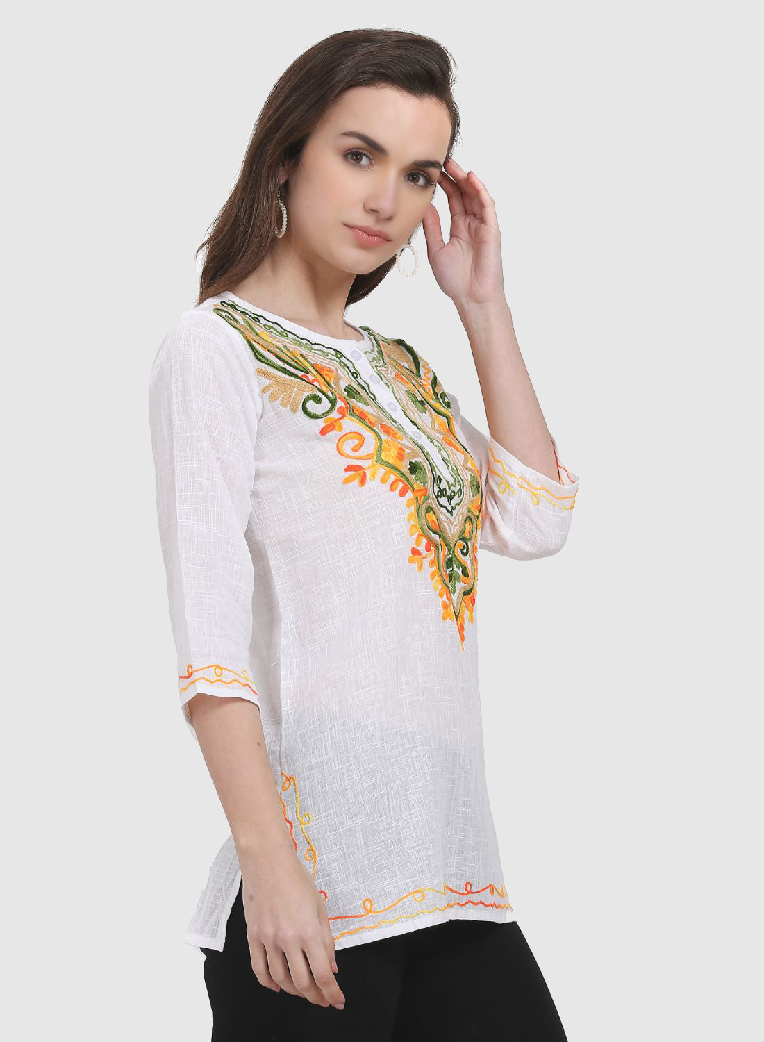 Women Top White Casual Regular Fit 3/4 Sleeve Embroidery Work