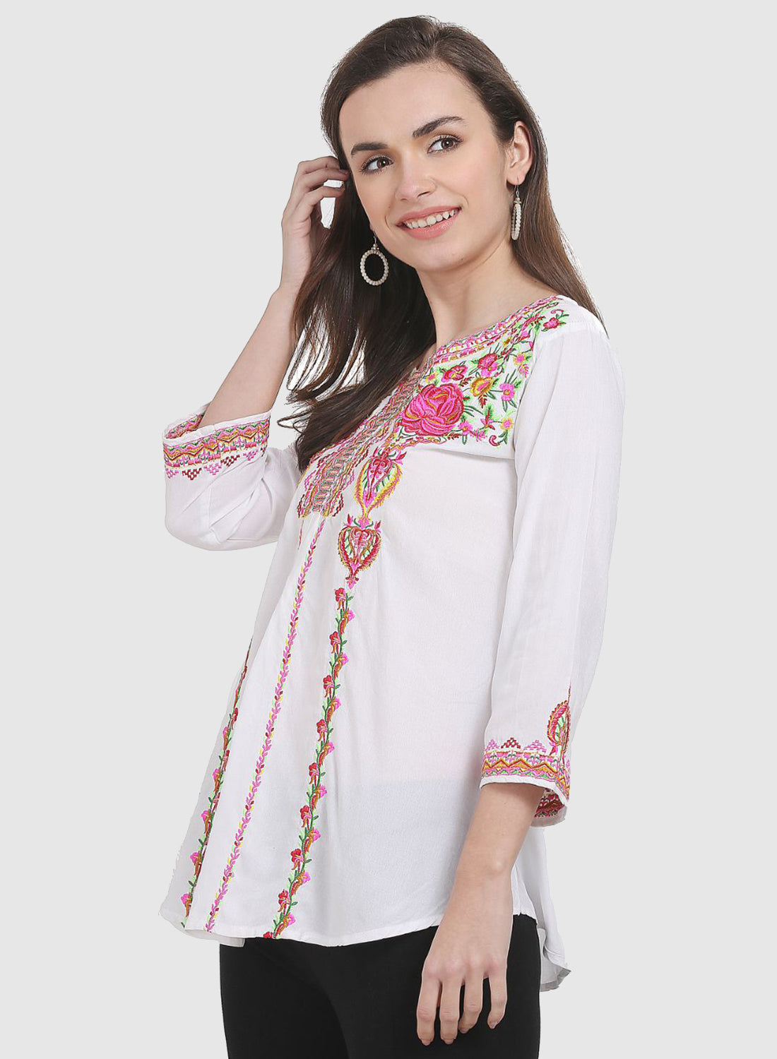 Women Top White Casual Regular Fit 3/4 Sleeve Embroidery Work
