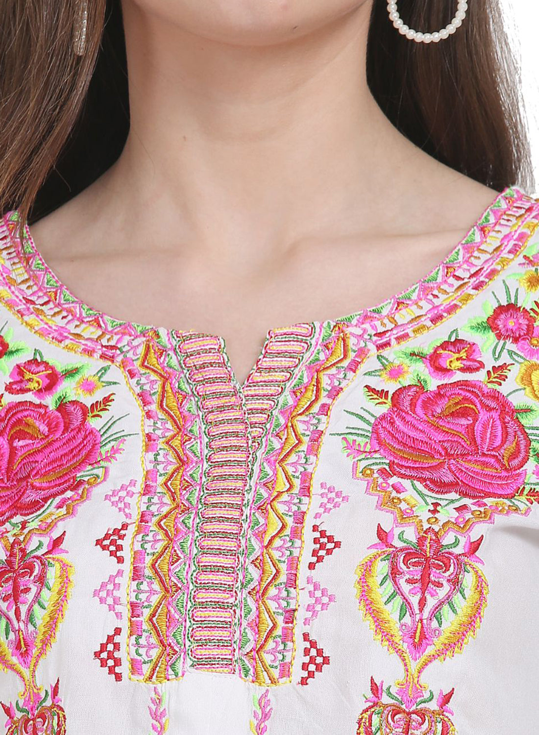 Women Top White Casual Regular Fit 3/4 Sleeve Embroidery Work