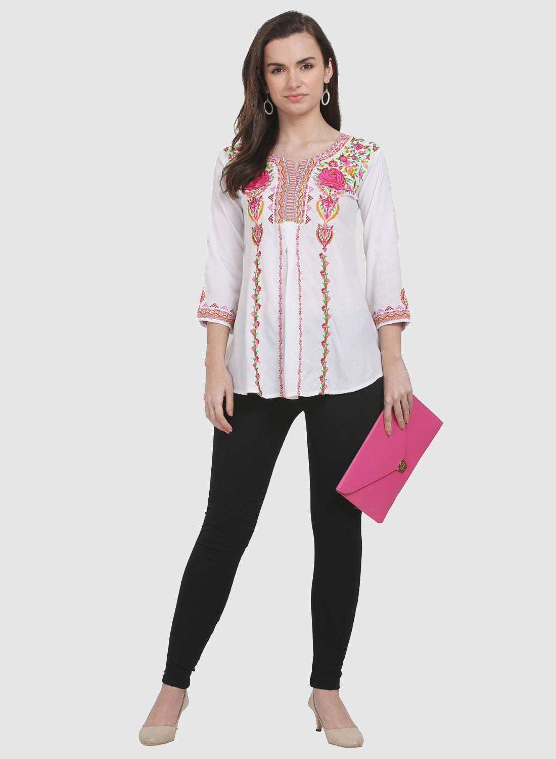 Women Top White Casual Regular Fit 3/4 Sleeve Embroidery Work