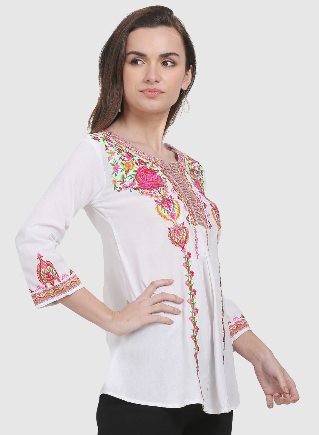 Women Top White Casual Regular Fit 3/4 Sleeve Embroidery Work