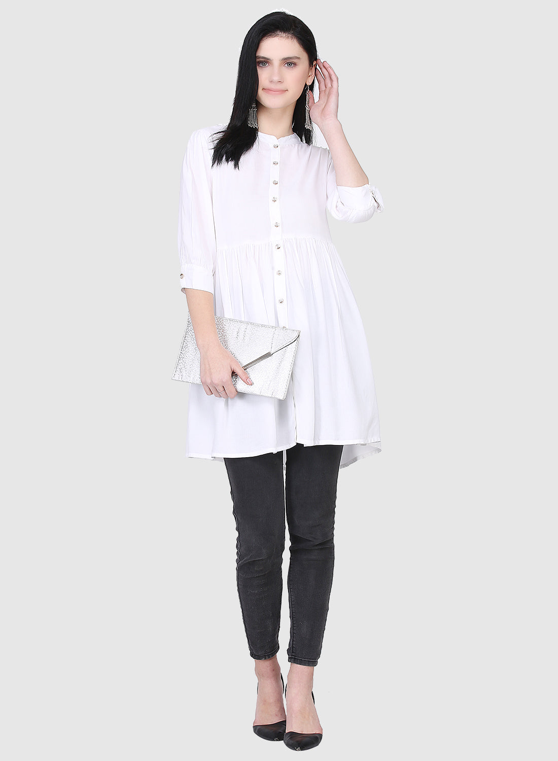 Women Top White Casual Regular Fit and Flare 3/4 Sleeve