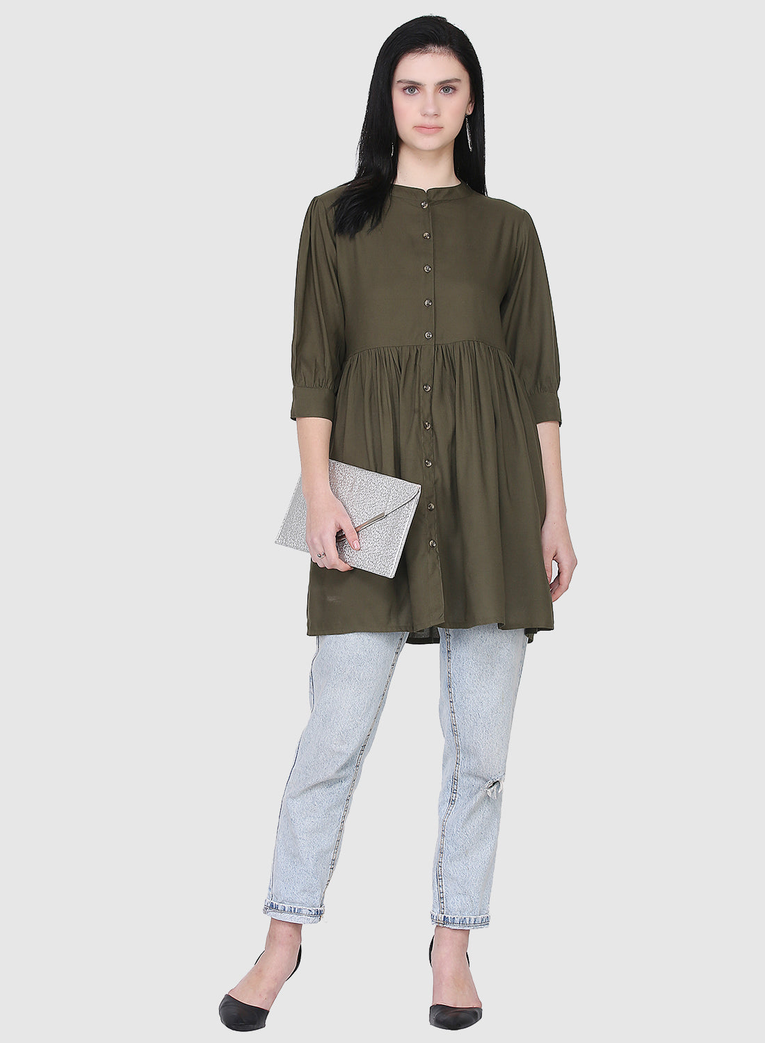 Women Top Mehandi Green Casual Regular Fit and Flare 3/4 Sleeve