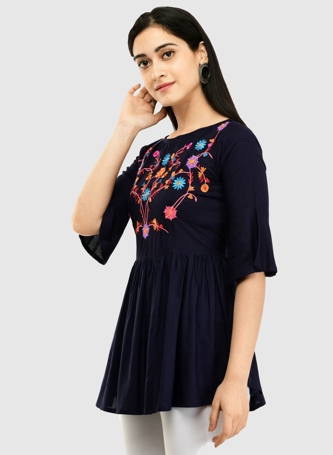 Women Top Navy Blue Casual Regular Bell Sleeve