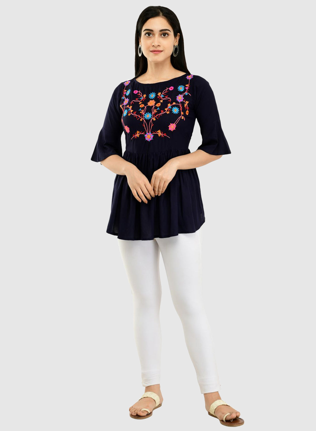 Women Top Navy Blue Casual Regular Bell Sleeve
