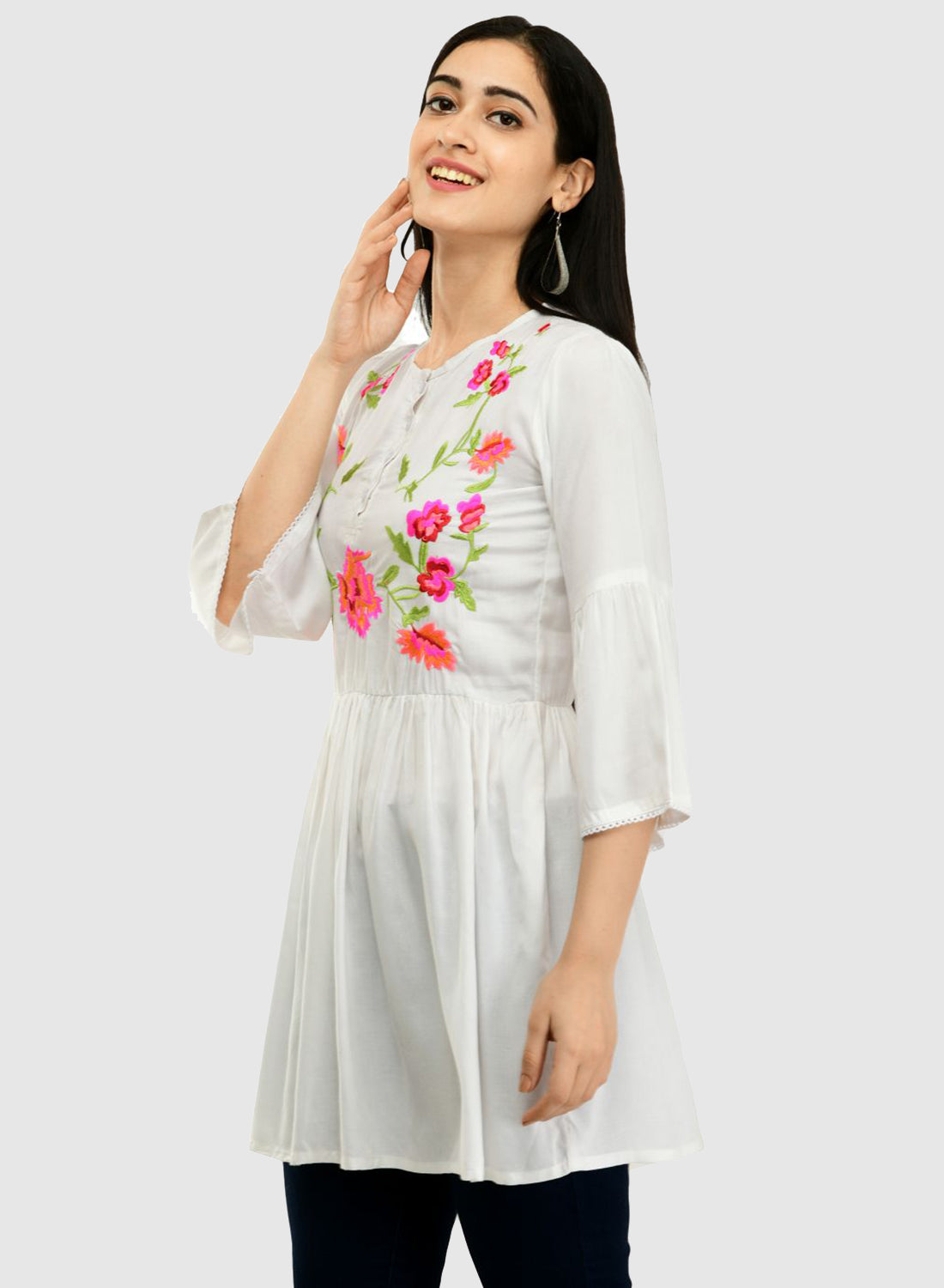 Women Top White Casual Regular Bell Sleeve