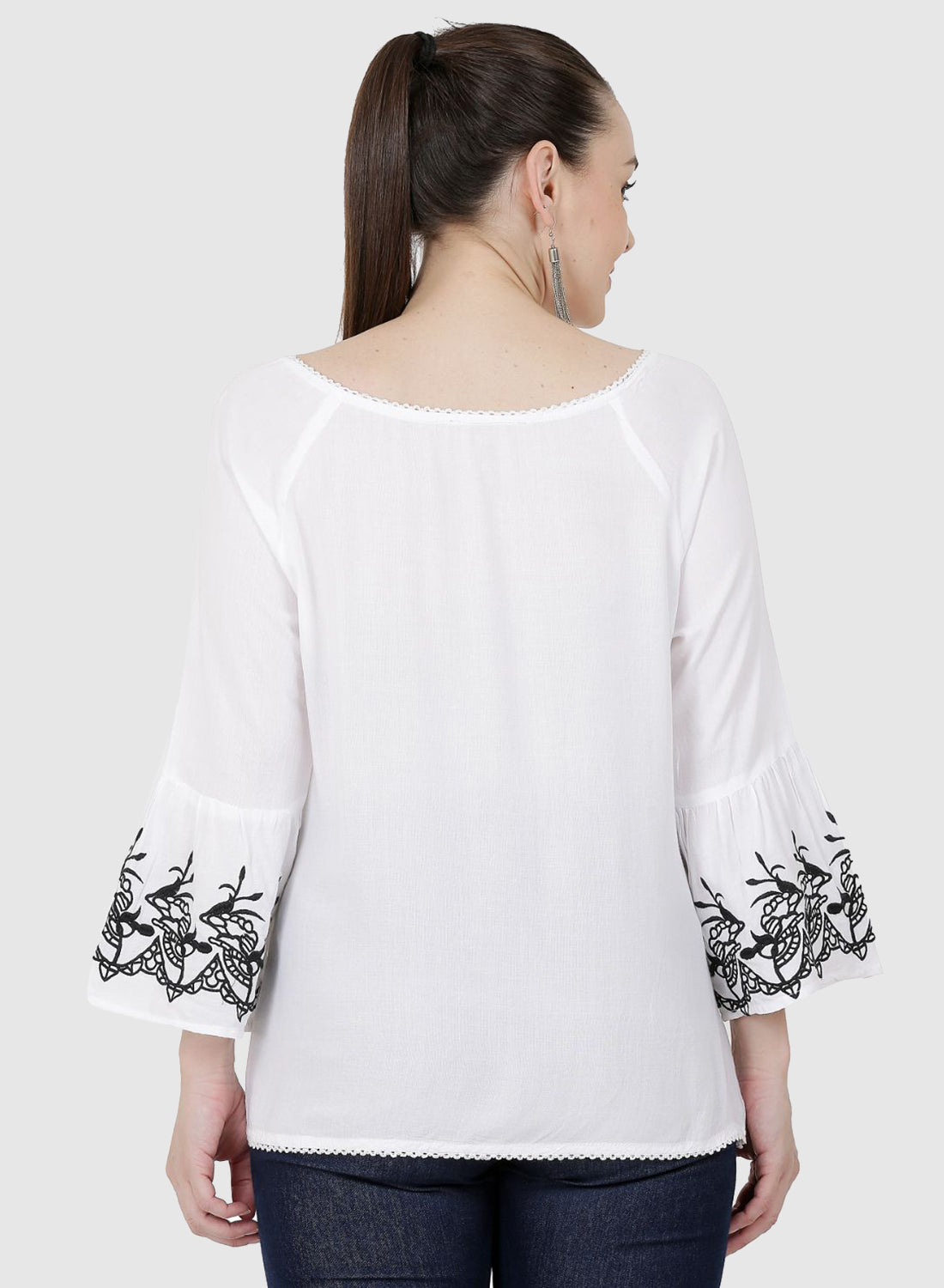 Women Top White Casual Regular Fit Bell Sleeve