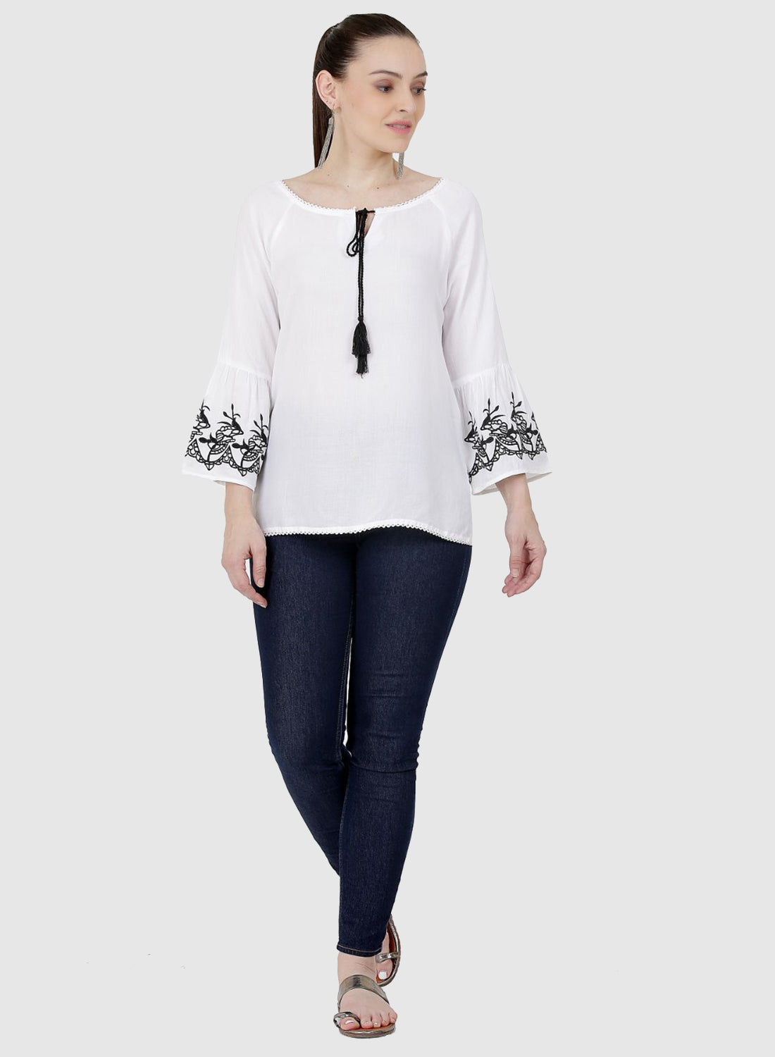 Women Top White Casual Regular Fit Bell Sleeve